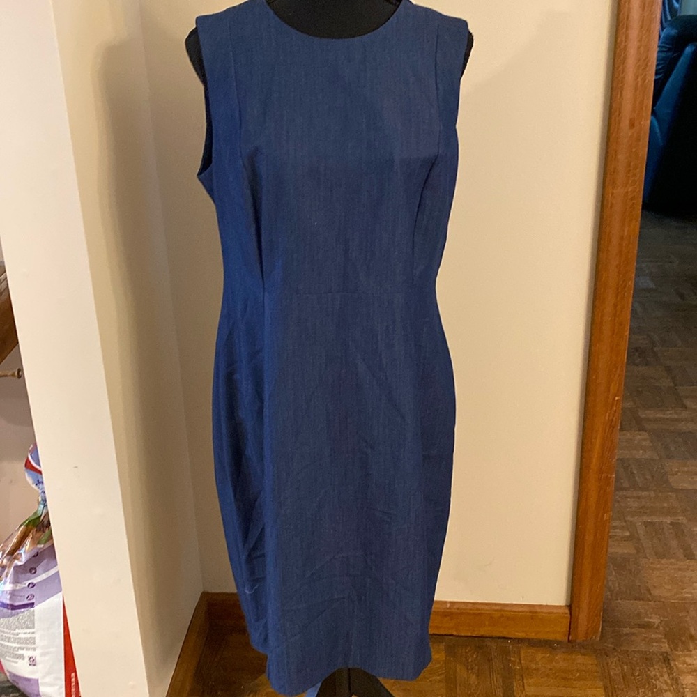 Calvin Klein denim blue sheath dress. NWT. Falls below knee. Size 12